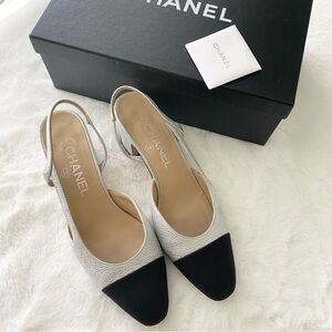 Chanel Women’s Cap Toe Slingback Pumps Silver Leather
